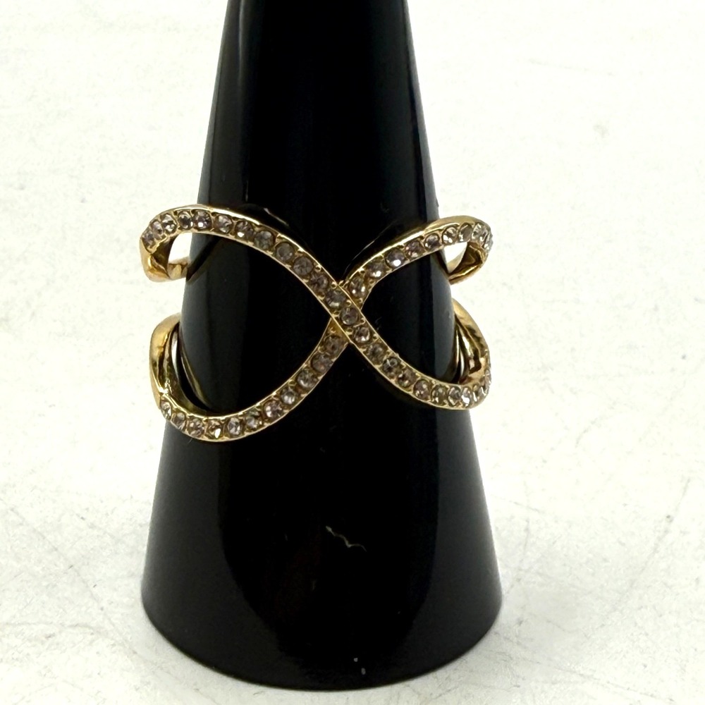 Gold Tone Infinity Crossover Rhinestone Statement Ring Size 8.5